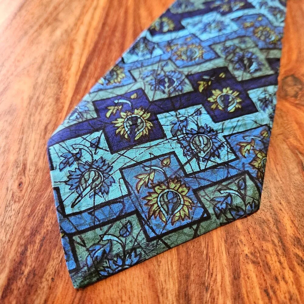 Vintage‎ 60s 70s Morgan's Hudson Bay Co Printed Batik Blue Green Necktie Tie